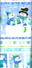 Cheerful white snowmen on snowy blue background with green and blue stripes below.