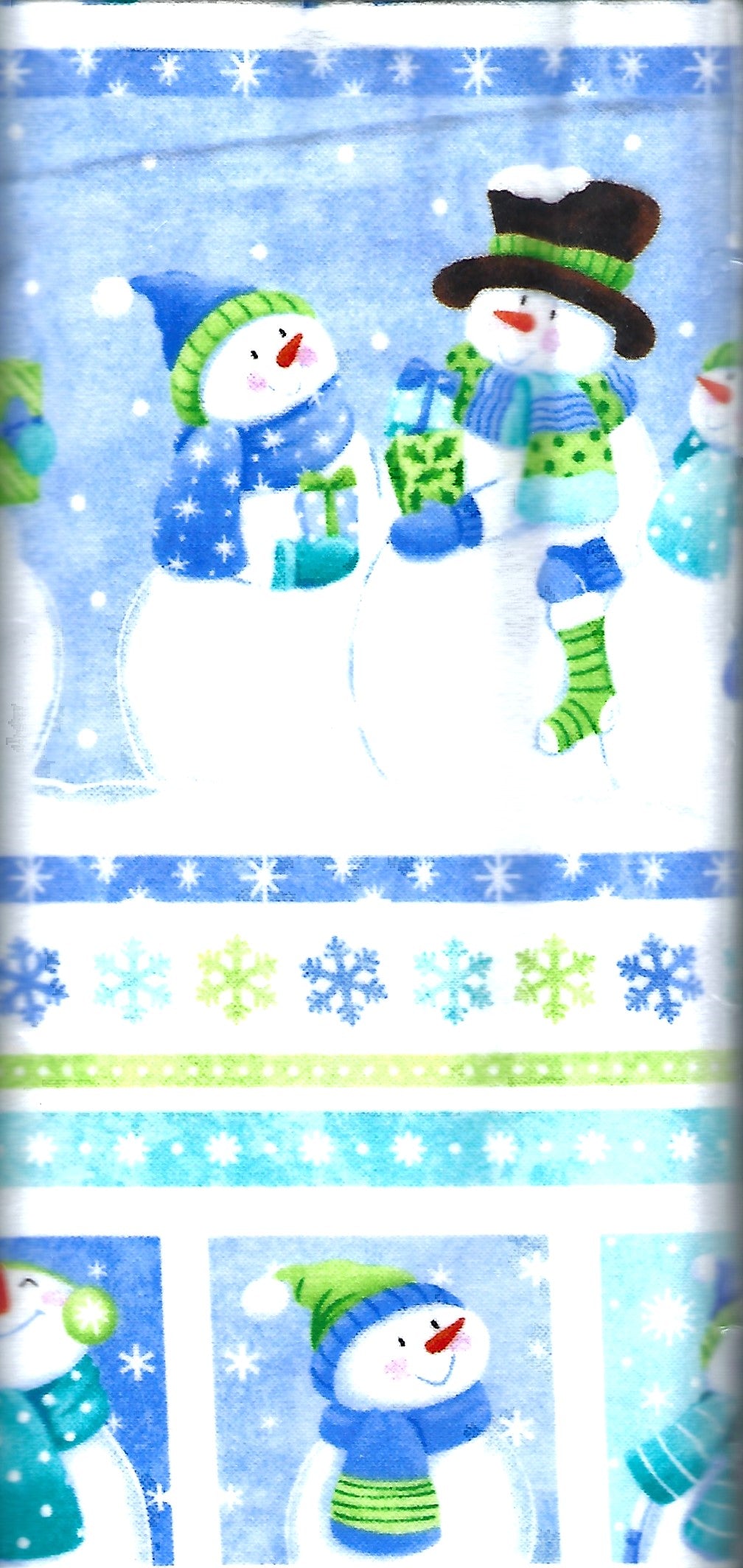 Cheerful white snowmen on snowy blue background with green and blue stripes below.