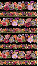Tina's Garden stripe by Clothworks. Strips of flowers bordered by black background. Narrow and wide strips.